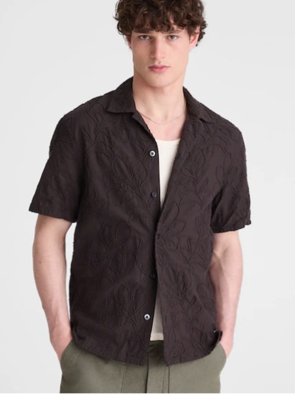 Madewell Men XS The Short-Sleeve Camp Shirt in Cool Obsidian Cotton Embroidered